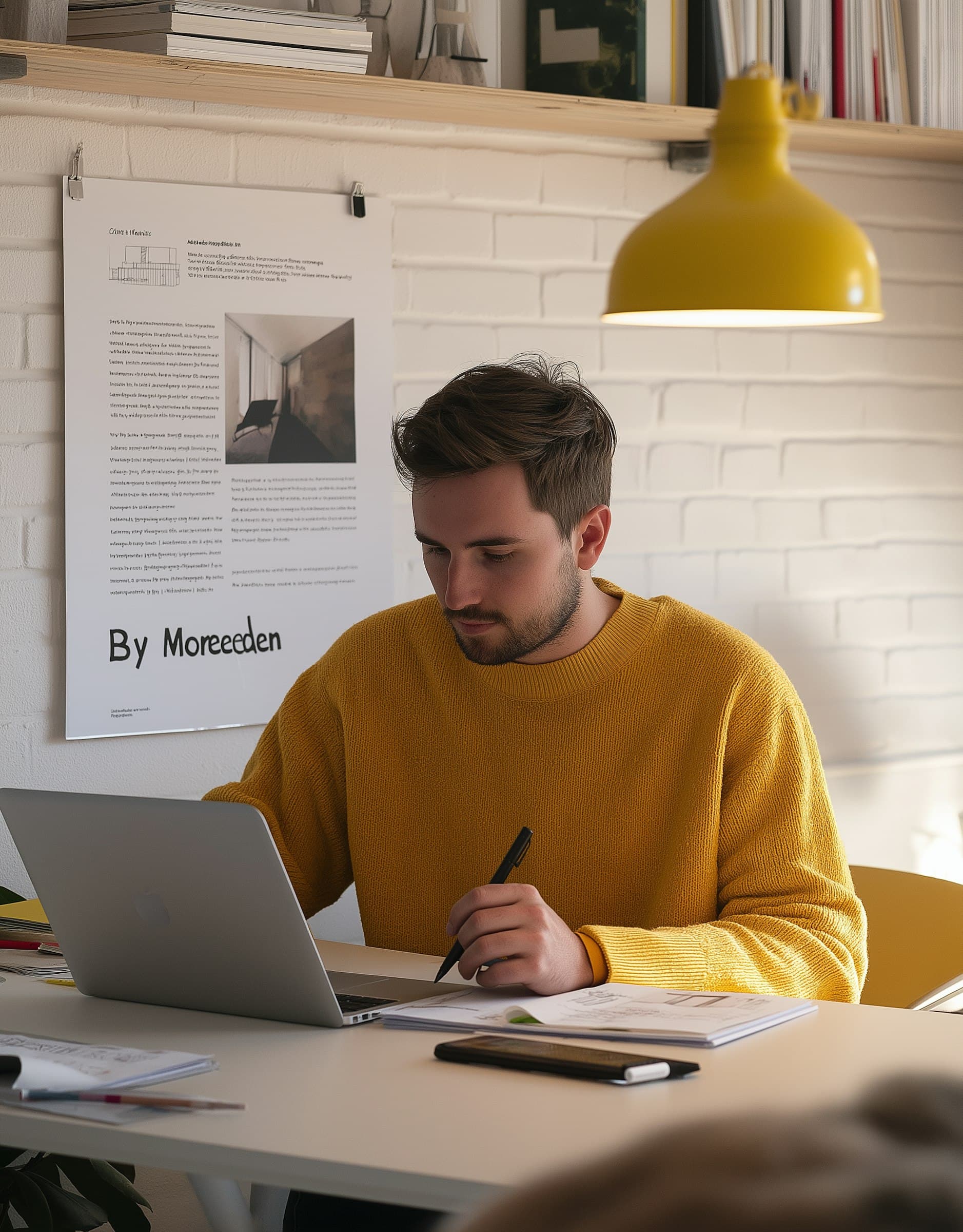 A man in a yellow sweater sitting at a desk with his laptop, deeply focused on his work. In his hand, he holds a pen and is taking notes on a piece of paper.
