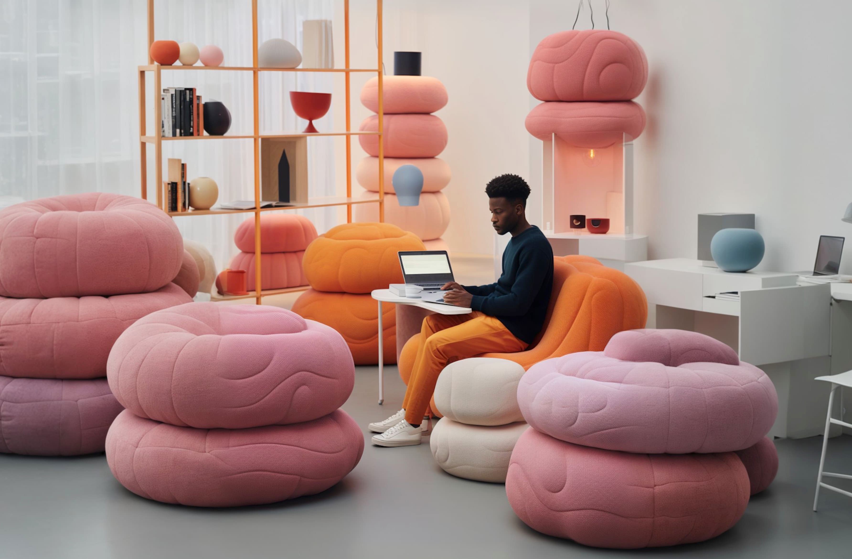 An office landscape filled with enormous pink, donut-shaped pillows. Among the pillows, a man sits at a tiny desk, making hand gestures. Next to him is an open laptop, which he is not using.